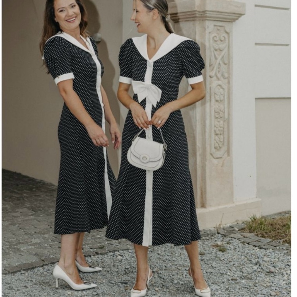 Chic Black and White Polka Dot Midi Dress